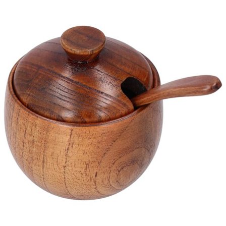 Krydderikrukke i træ med ske og låg til brug i køkken og restaurant