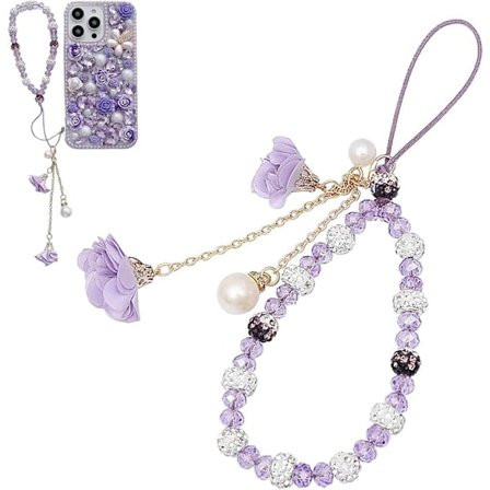 Kännykkäketju kukkasin, violetti kristalli riipus puhelimeen, universaali kännykkälinja, kännykkäriipus, kännykkänaru, kadonneen estävä kännykkänaru