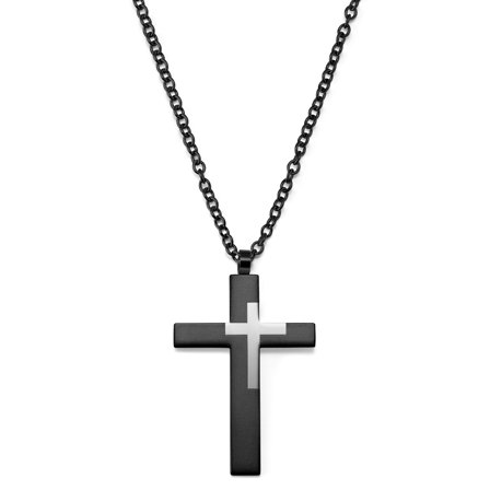 Collier à grand pendentif croix en acier couleur argenté et bronze gunmétal pour hommes - Chaînes en acier