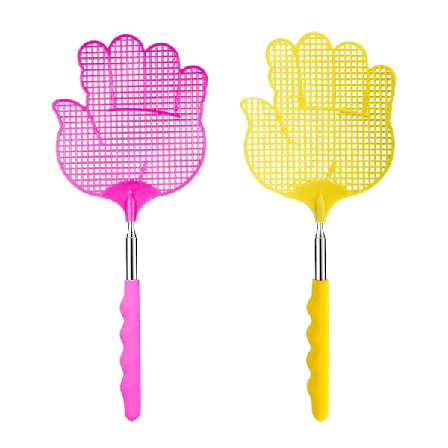 2-pack palmbladformade flugsmällor (gul + rosa), expanderbar flugsmälla, flugsmälla skadedjursbekämpning med starkt flexibelt och hållbart teleskophan