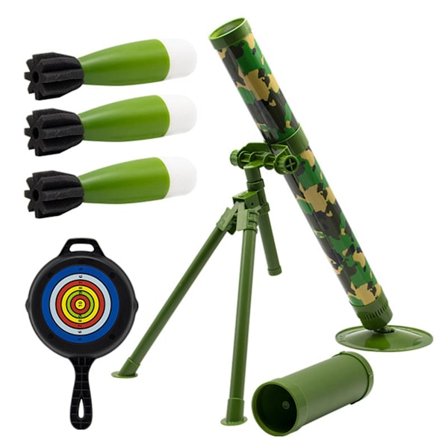 Vaahdosta valmistettu kranaatinheitin maalitaululla ja 3 x pehmeällä simulaatio-ohjuksella lapsille, säädettävä ampumiskulma, kantama jopa 6 metriä.