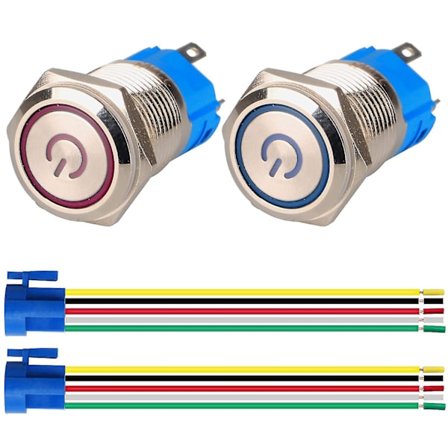 2 stk. låsende trykknappbryter 1no1nc rustfritt stål vanntett 220v-230v/5a LED-belyst bryter med sokkel passer 16 mm monteringshull (bl [DB]