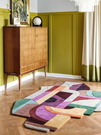 Tapis De Laine Géometrique Jardin Vert/Rose Oeko-Tex