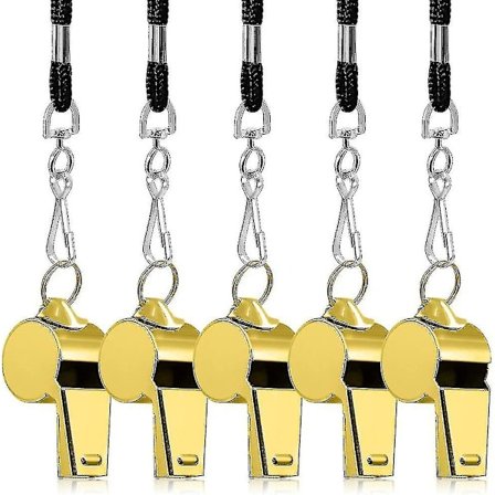 Sæt med 5 rustfrie stålfløjter, Finegood nødfløjter med høj lydstyrke i metal til dommere, trænere, basketball, fodbold, hockey - guld