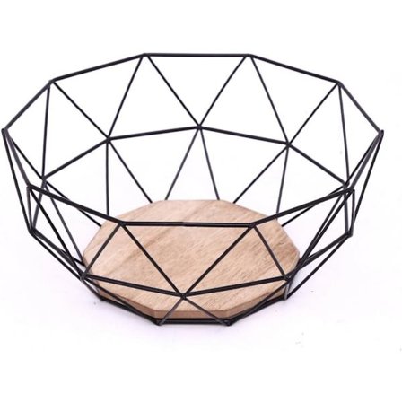 Svart geometrisk metalltråd trebase dekorativ oppbevarings-/displaykurv fruktbolle