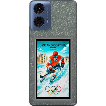 Yhteensopiva Puhelinkuori Motorola Moto G24 Curlingkuvitus pelaajilla ja kivillä jäällä, Milano Cortina 2026, lumisia roiskeita ja olympiasormukset
