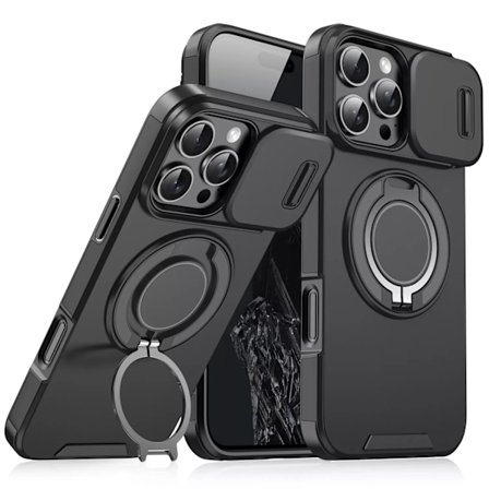 Magnetisk Ring Stativ Cover til iPhone 16 Pro Max med Skydeobjektivdæksel, Sort