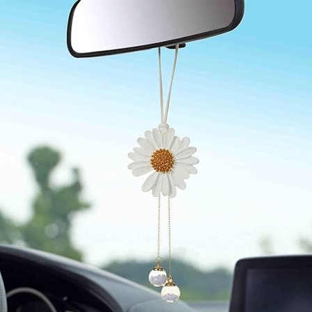 Daisy-auton riippukoristeet naisille ja tytöille, söpöt auringonkukka-auton taustapeilin riippuvat koristeet, auton sisustus (valkoinen)