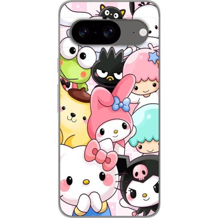 Yhteensopiva Puhelinkuori Google Pixel 8 Tiheä kuvio suloisia hahmoja, joilla on suuret silmät eri väreissä ja ilmeissä LABUBU-tekstillä
