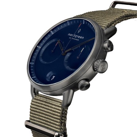 Nordgreen Men's Classic Large Wrist Watch Watch - Silver Case - Navy Dial - Boheme Nylon Watch Strap Pioneer White Dial Chronograph