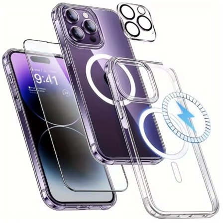 iPhone Series Beskyttelsesetui - 2 højstyrke skærmbeskyttere i hærdet glas + 2 Magsafe-kompatible gennemsigtige kamerabeskyttelsesfilm i silikone