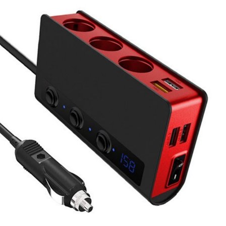 7-i-1 USB-lader med flere porter med uavhengige brytere, lighteradapter, splitteradapter, 180W ladeadapter