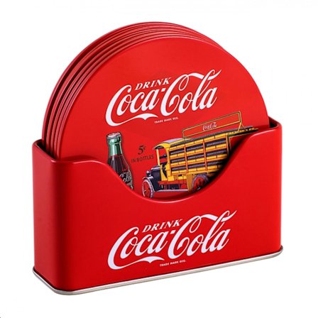 Coca-Cola Retro Art Tin Coaster Set med Holder 6-pakning