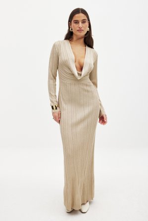NA-KD Robe longue en maille pailletée - Robes Nouvel An - Beige - XS (EU 32)