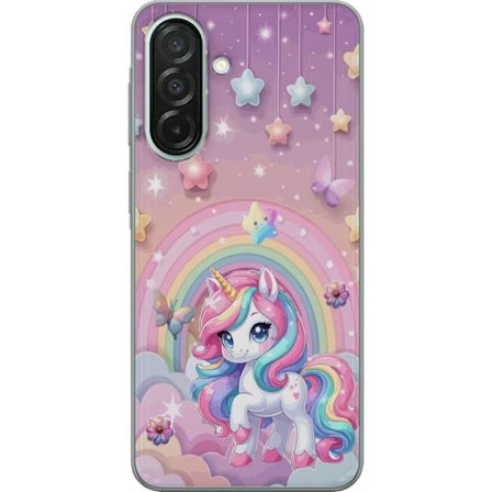 Kompatibel Mobilcover til Samsung Galaxy A26 Magisk enhjørning med regnbue manke, stjerner og sommerfugle mod en pastelfarvet himmel med skyer