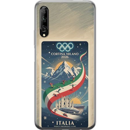Yhteensopiva Puhelinkuori Huawei P smart Pro 2019 Mäkihyppykuvitus, jossa hiihtäjä tähtää kiväärillä lumisella radalla, teksti Milano Cortina 2026 ja