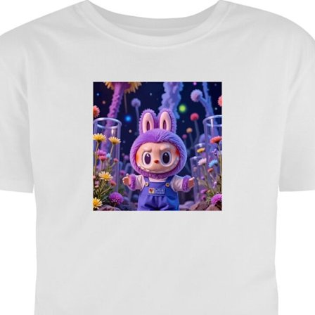 Børne T-shirt Labubu figur - Lilla kaninkostume blandt blomster i en fantasiverden