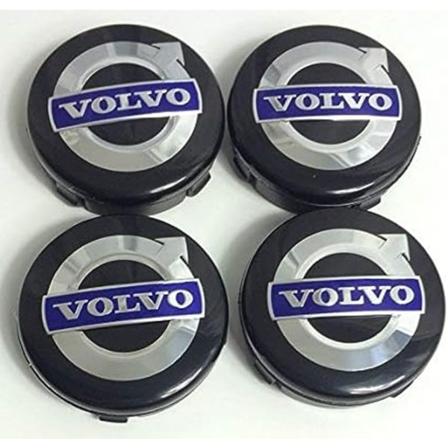 4 x Volvo lättmetallfälgar, centrumnavkapslar, 64 mm, svart/blå, C70
