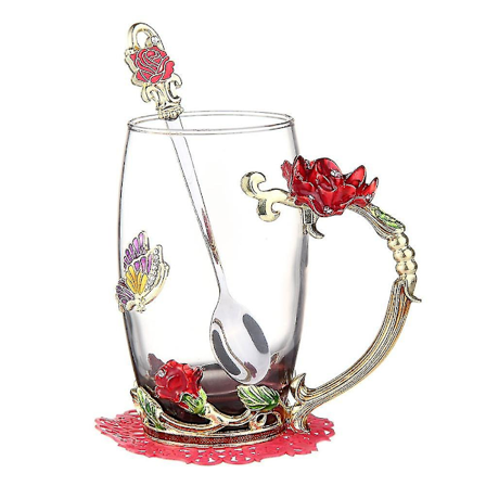 Röd Blå Ros Emalj Kristall Te Kaffe Mugg Fjäril Ros Målad Blomma Vatten s Klart Glas Med