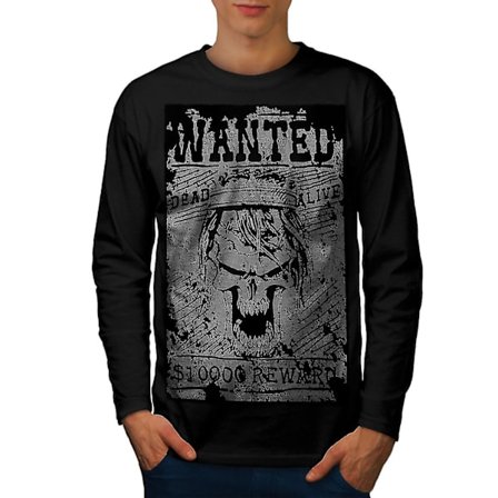 Wanted Skeleton Skull Men Blacklong Sleeve T-shirt