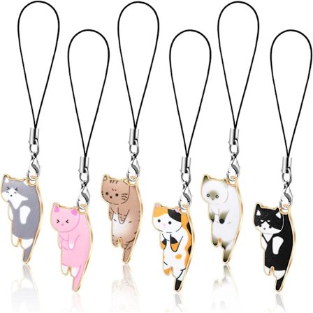 6 stykker kat charms til mobiltelefon Kawaii mobiltelefon charm strop Sød hængende kat rygsæk tegnebog nøglering hængende tilbehør