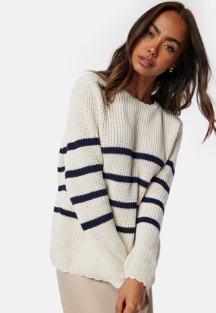 ONLY Bella Life LS O-Neck Knit Pumice Stone Stripes Klær