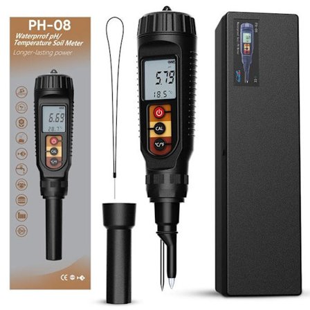 Jord pH-måler med pH, inklusive jordbundsfrugtbarhed/fugtighed/pH/temperatur/sollys/omgivende luftfugtighed, til indendørs og udendørs brug.