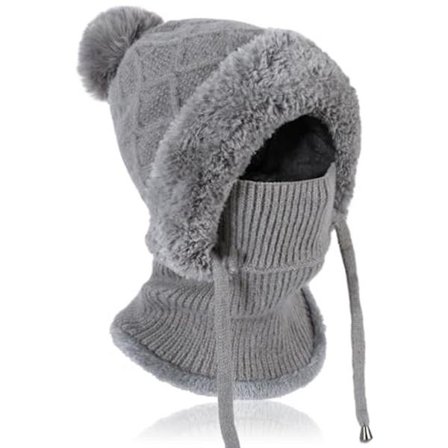 Varm Hæklet Vinterhue med Halsvarmer til Kvinder, Justerbar Beanie med Prikker