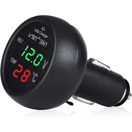 12-24 V billaderudtag med USB-port/voltmeter/termometer til biler (grøn + rød)