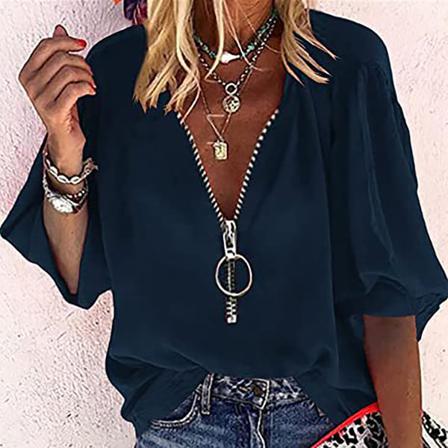 Sommarskjorta Blus Kvinnor Enfärgad V-ringad Dragkedja Casual Toppar