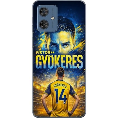 Kompatibelt Mobildeksel til Motorola Motorola Moto G54 Viktor Gyökeres fotballplakat i gult og blått med dramatisk stadionbakgrunn, sportillustrasjo