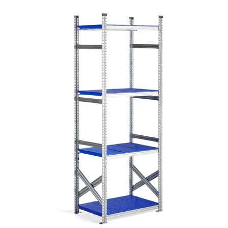 Reol grunnseksjon med blå plasthyller, 2500x900x600 mm