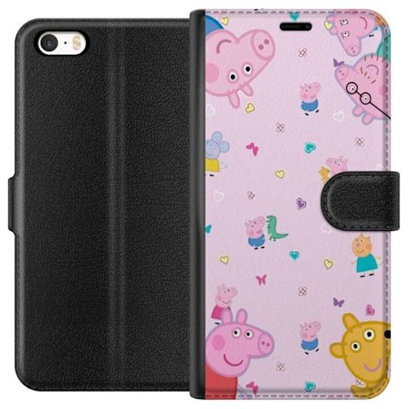 Kompatibelt Lommeboketui til Apple iPhone SE (2016) Peppa Gris med en baby i armene, mamma gris motiv i fargerik og myk barneillustrasjon med hjerter