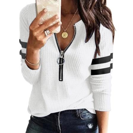 Elegant randig skjorta för kvinnor med dragkedja, snygg V-ringad panel, långa ärmar, Slim Fit T-shirt Casual Top white 4XL
