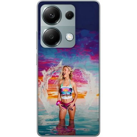 Yhteensopiva Puhelinkuori Xiaomi Redmi Note 13 Pro 4G Vaalea nainen kirjavia rantavaatteita pelaa meressä auringonlaskun aikaan