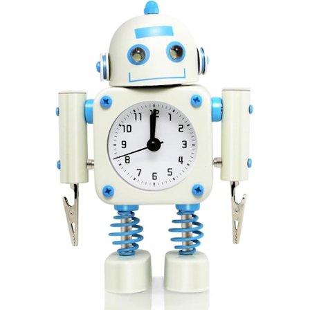 Non-ticking Robot Alarm Clock Stainless Metal - Wake-up Clock With Flashing Eye Lights And Hand Clip (white)