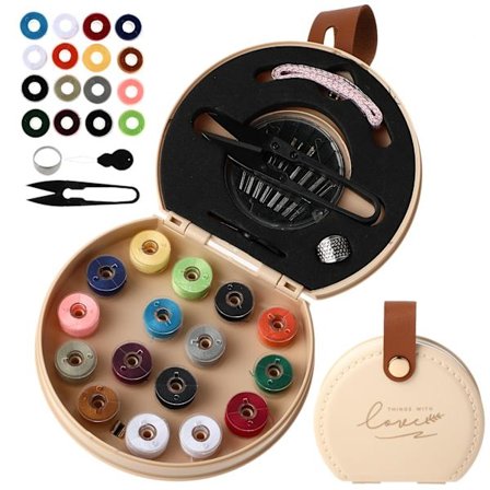 Sykits, Luksus Bærbart Rejse Sy Reparationssæt med Sammenfoldeligt Læder Organizer Etui, Begyndervenligt Hjem DIY Sytilbehør (Abrikos)