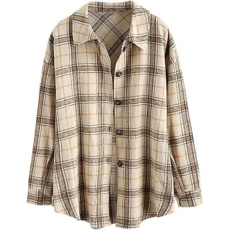 Rutig långärmad skjorta dam Button Down ullblandning tunn jacka Casual blustoppar med ficka Coffee M
