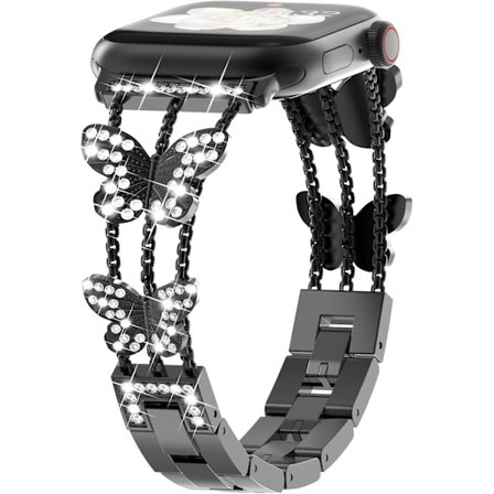 Armband kompatibel med Apple Watch för kvinnor, glittrande fjärilsdesign, fashion metall bling rostfritt stål länkarmband, ersättningsband