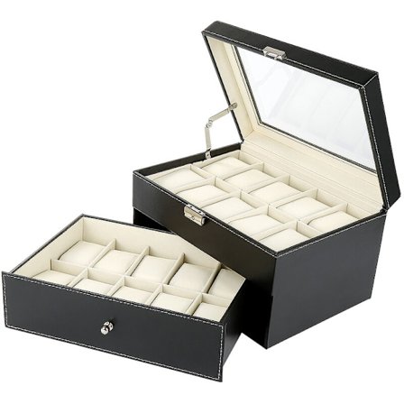 Urklocka Box Läderbox med Lås, Dubbelskikts Displayställ för Förvaring av 20 Klockor Herrgåva, Används för klocka, dekoration