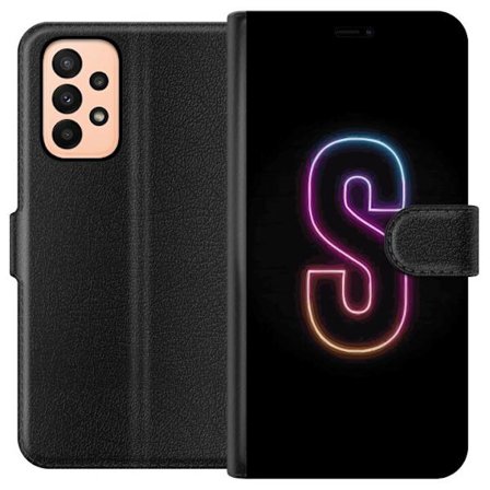 Kompatibel Tegnebogsetui til Samsung Samsung Galaxy A23 Neonbogstav S i lyserød og blå toner mod en mørk baggrund, stilfuld bogstavkunst med retro-