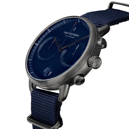 Nordgreen Men's Classic Large Wrist Watch Watch - Silver Case - Navy Dial - Navy Nylon Watch Strap Pioneer White Dial Chronograph