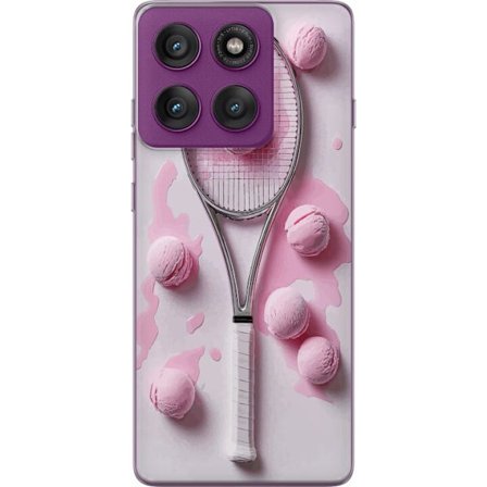 Kompatibel Mobilcover til Motorola Motorola Edge 60 Pro Rosa glaskugler og tennisketsjer i et kreativt stillbillede med legende popfølelse og moderne