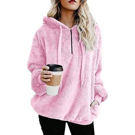Super Dalian Hoodie Damtröja Lammfleece Tröja i fleece ull Pösig kappa med fickor (rosa) S