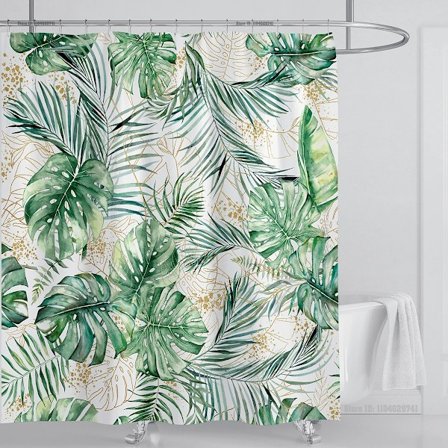 Akvarel Blade Bruseforhæng Sæt Vandtæt Blomsterplante Blade Stof Badeværelsesforhæng med Kroge, B200xH180cm