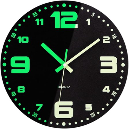 12 tums självlysande väggklocka, träramlös väggklocka tyst icke-tickande dekorativ rund klocka-svart -Stor digital