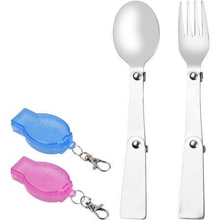 Rustfrit stål foldeskeer og gafler sæt med 2 bærbart campingbestik til rejser og picnic, blå og pink