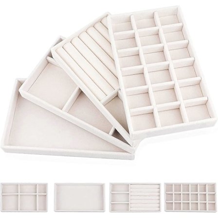 Sæt med 4 Smykkeskrin i Velour Smykkeopbevaring Aftagelig Opbevaring Smykkeskrin til Kvinder Piger Ringe Øreringe Kæde Vedhæng (Beige)