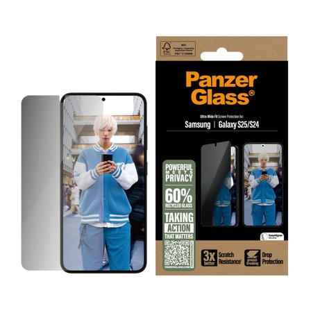 PanzerGlass Galaxy S25 Privacy Skjermbeskytter Ultra-Wide Fit, 3x bedre motstand mot riper, 60 % resirkulert plast