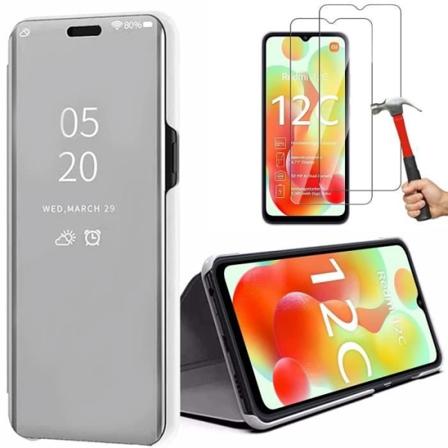 Fodral för Xiaomi Redmi 12C - 11A + 2 härdade glasögon, fodral Spegeleffekt Fönster Tanslucent Silver